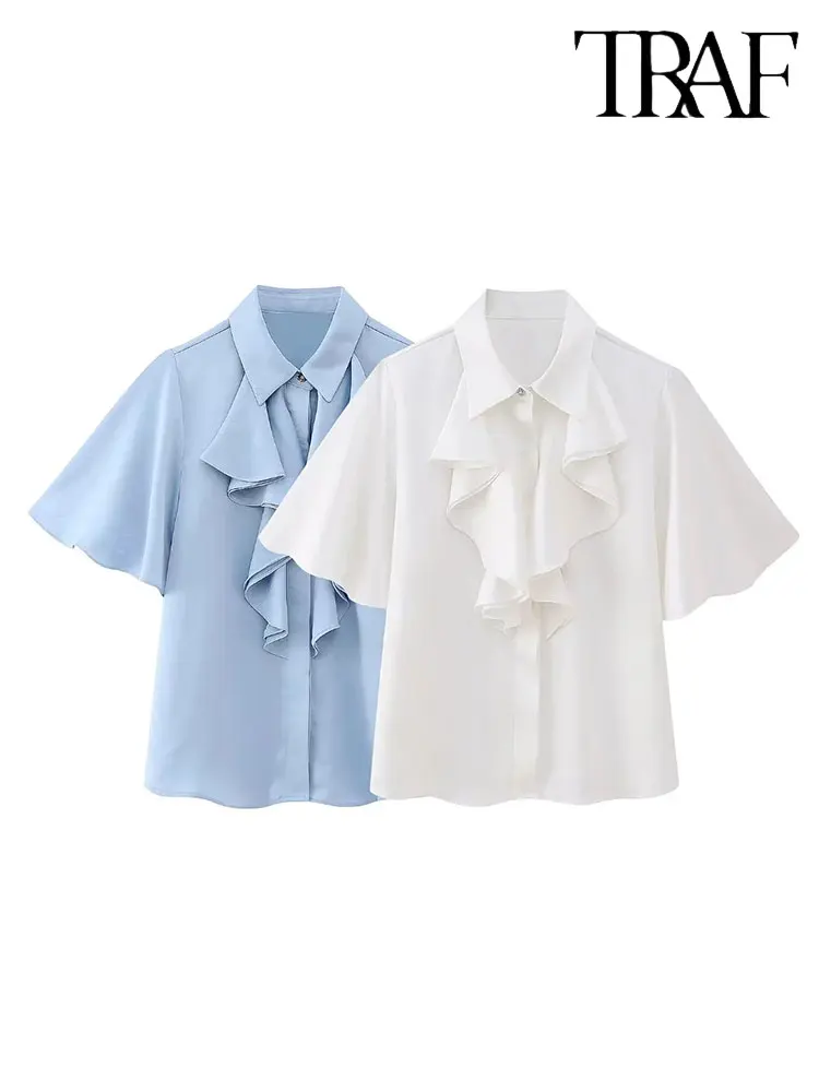 

TRAF 2023 Summer Women Blouse New Fashion Satin Tops Short Sleeve Elegant Blouses Female Ruched Casual Blouses Women Tops