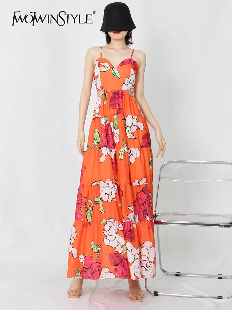 

TWOTWINSTYLE Cut Out Sling Dress For Women V Neck Sleeveless High Waist Print Floral Colorblock Midi Dresses Female Clothing New