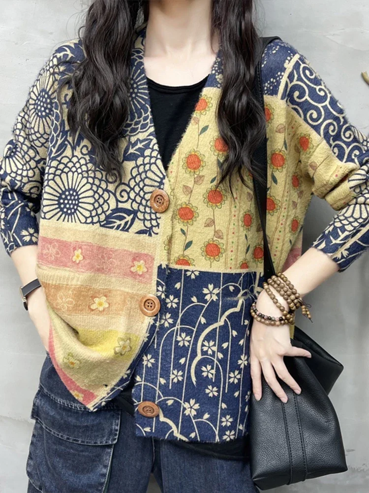 Женский Винтажный Кардиган С Цветочным Принтом Свитер V-образным Вырезом