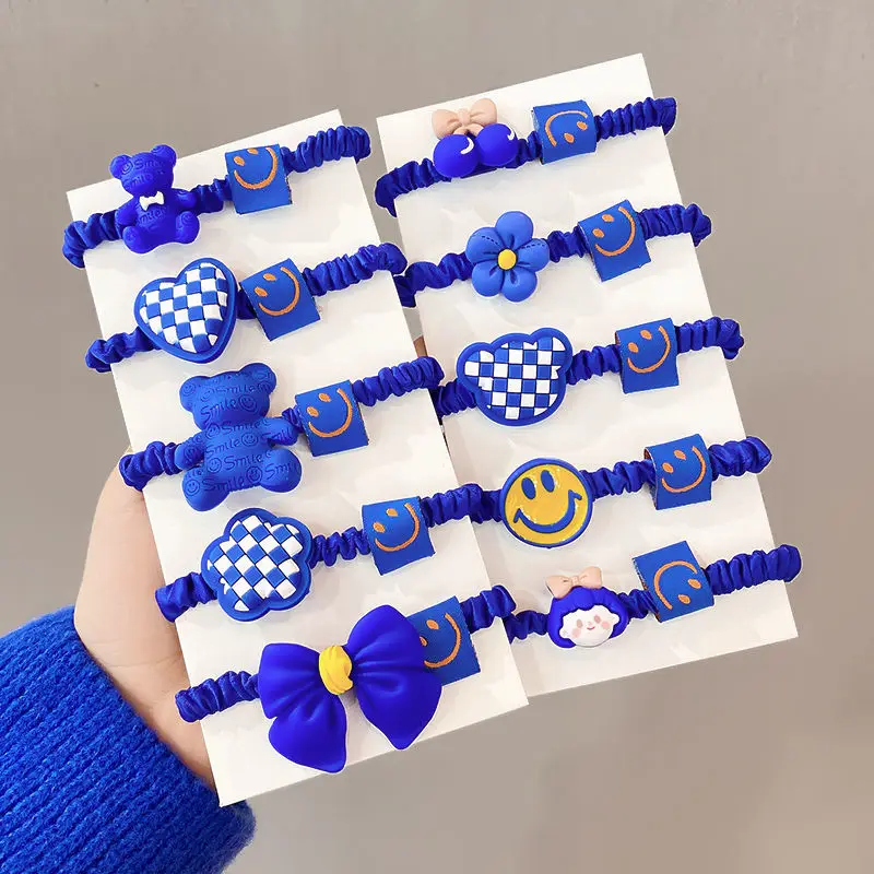 

2022 New Explosive Style Melancholy Happy Klein Blue Bow Smiley Head Rope High Quality Small Intestine Hair Ring Hair Rope