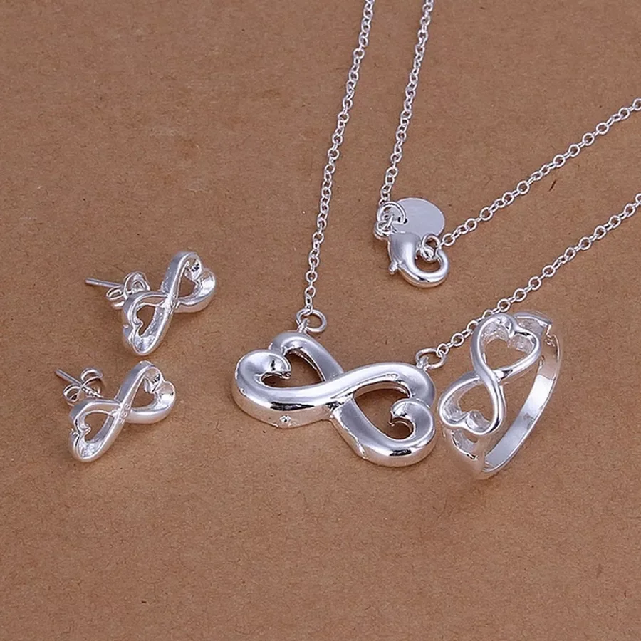 

silver color lady women Valentine's Day gift creative ring necklace stud earrings fashion jewelry set wedding party nice
