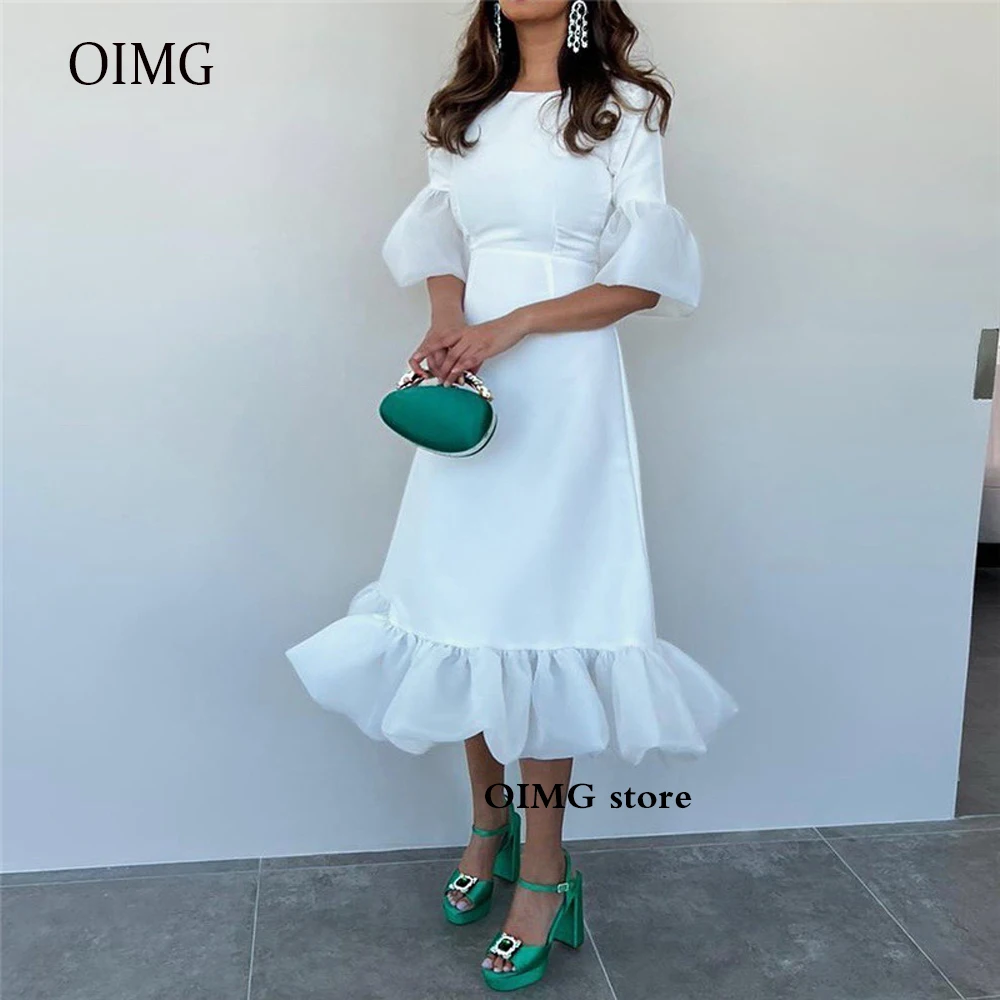 

OIMG Modest White Satin Evening Dresses Jewel Neck Half Sleeves Organza Hem Arabic Women Tea Length Formal Party Prom Gowns