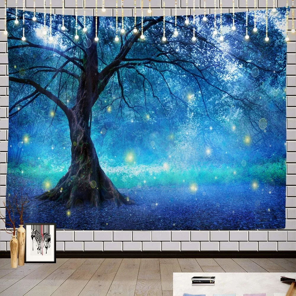 

Fairy Tree Forest Tapestry Light Blue Mystical Fantasy Forest Blue Nature Hippie Tapestrie Living Bedroom Room Deco Wall Hanging