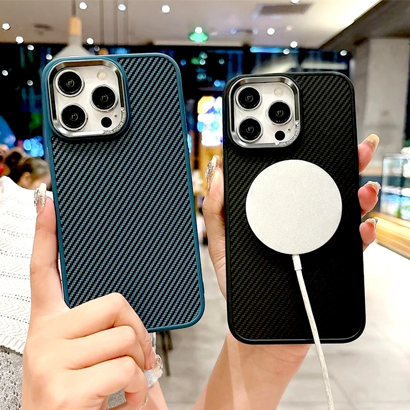 Luxury Mag Safe Carbon Fiber Case For iPhone 16 15 14 13 12 11 Pro Max Plus 16Pro 15Pro 14Pro Magsafe Wireless Charge Covers