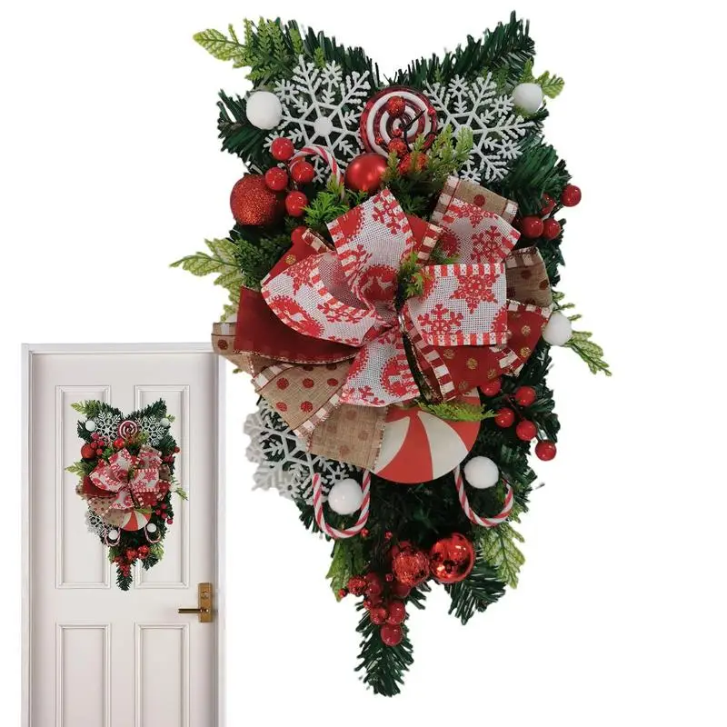 

Christmas Candy Cane Wreath 21inch Red And White Decorative Swag With Candy Upside-Down Tree Wreaths For Outdoor Home Garden