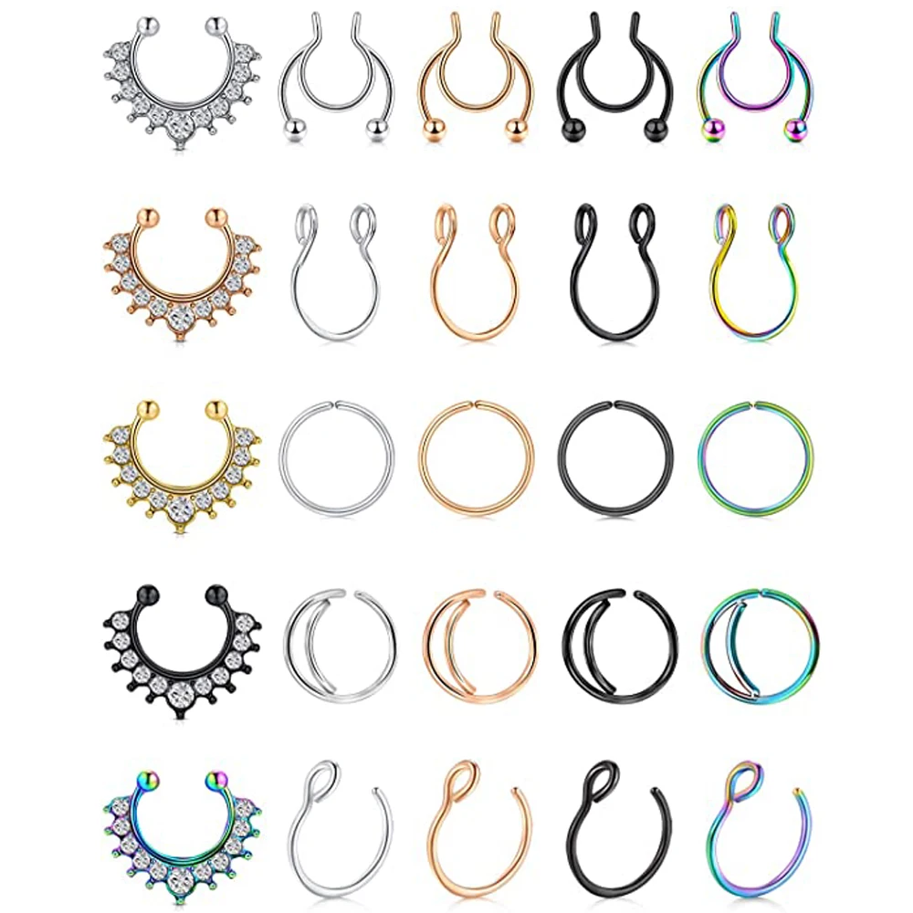 

WKOUD Faux Septum Piercing Fake Septum Nose Hoop Rings Stainless Steel Faux Lip Ear Nose Face Ring Non Clip On Moon Rings Hoops