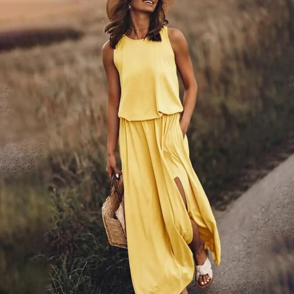 

Summer Maxi Dress Casual Round Neck Split Hem Dress Casual Summer Dress Sexy Round Neck Sleeveless Dress for Dating 2022