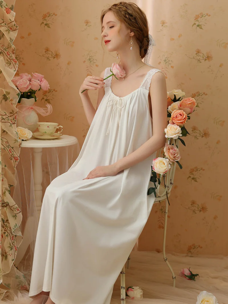 Women Summer Spaghetti Strap Lace-up Drawstring Nightdress Pajamas Vintage Princess Loose Fairy Cotton Sweet Sexy Sleepwear