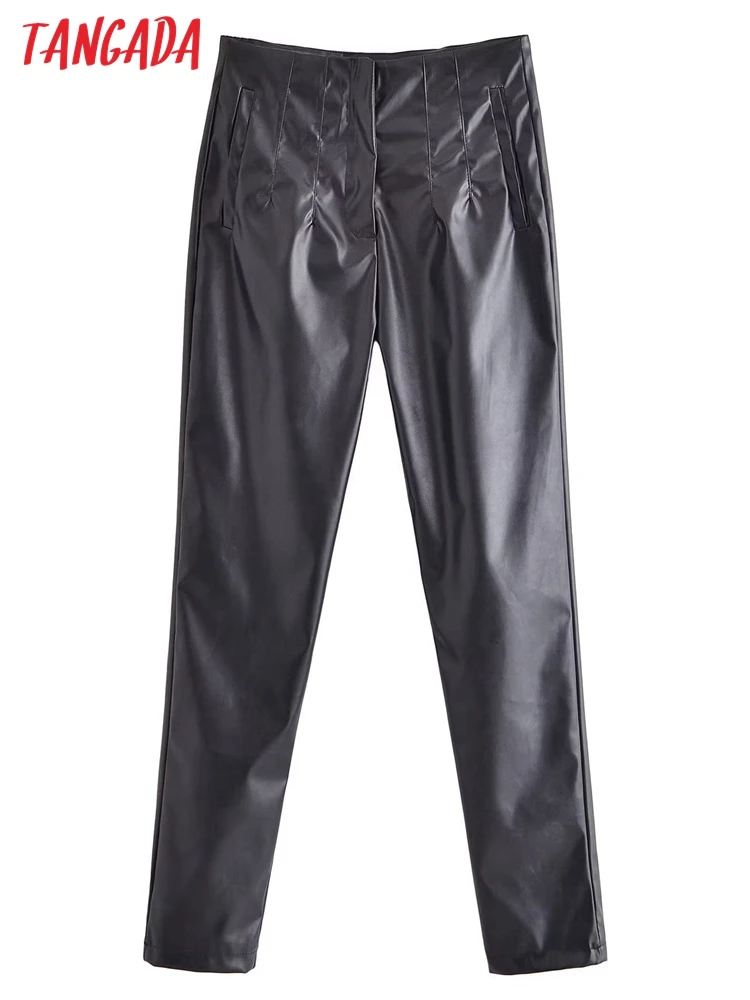 

Tangada 2022 New Female Black Faux Leather Suit Pants Trousers for Women Pockets Office Lady Elegant Pants Pantalon QN161