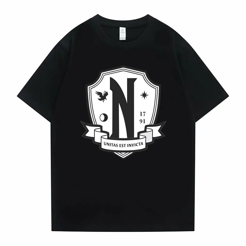 

Wednesday Addams Nevermore Academy Print Tshirt Unisex Fashion Hip Hop T-shirts Regular Men Women Casual Soft Tee Short Sleeve