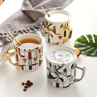 ceramic coffee mug with lid spoon and handle coffee cup geometric pattern coffee cup nordic light luxury household mug