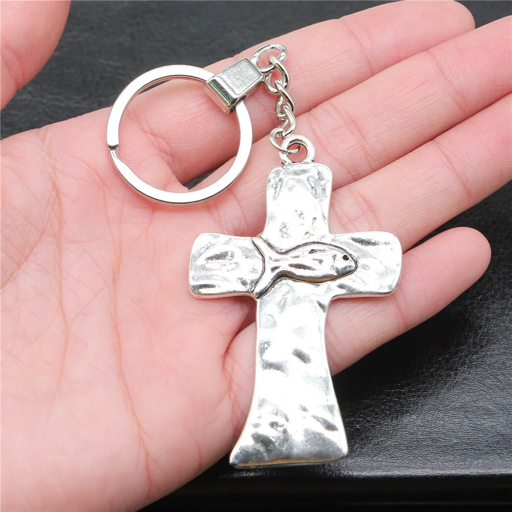 

Souvenirs Gift Dropshipping Antique Silver Color 43x69mm Jesus Fish Cross Pendant Keyring