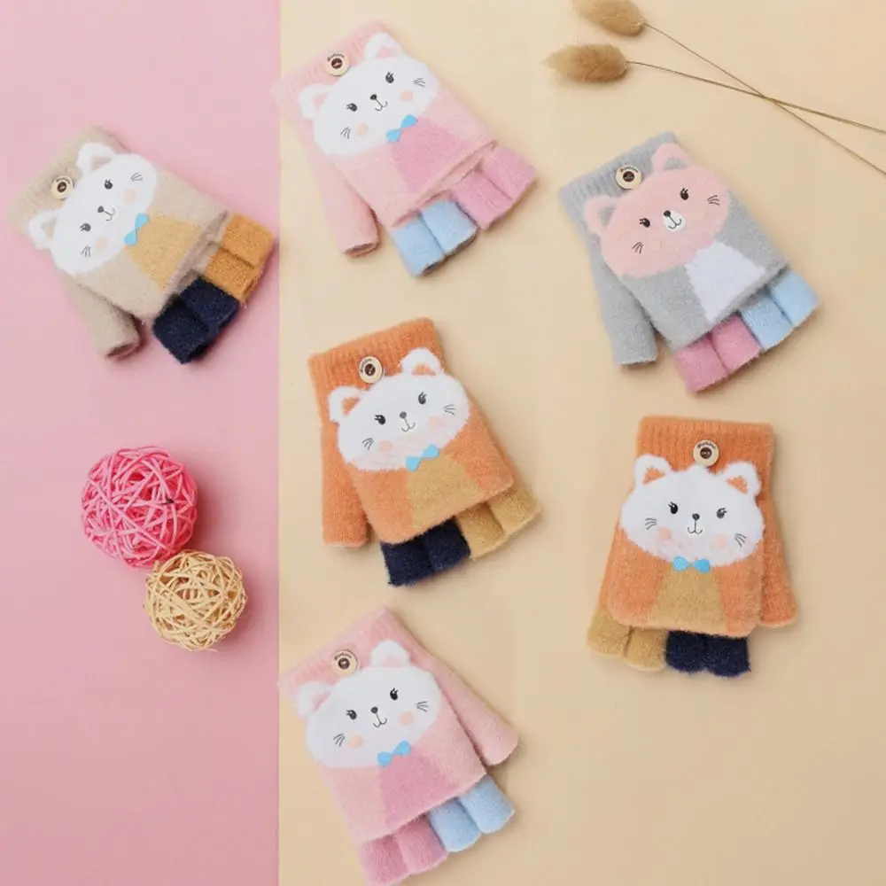 

Thick Cartoon Cat Exposed Finger Cute Knitted Gloves Children Mittens Flip Fingerless Gloves Warm Gloves