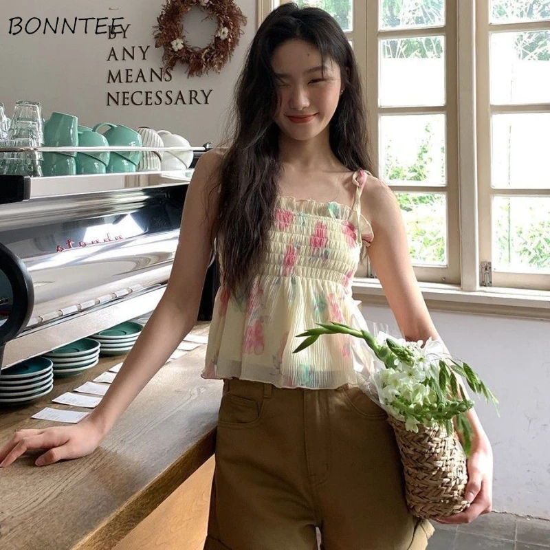 

Camisole Women Folds Design Simple Elegant All-match Creativity Ulzzang Print Ladies Sweet Streetwear Sexy Summer Breathable Ins