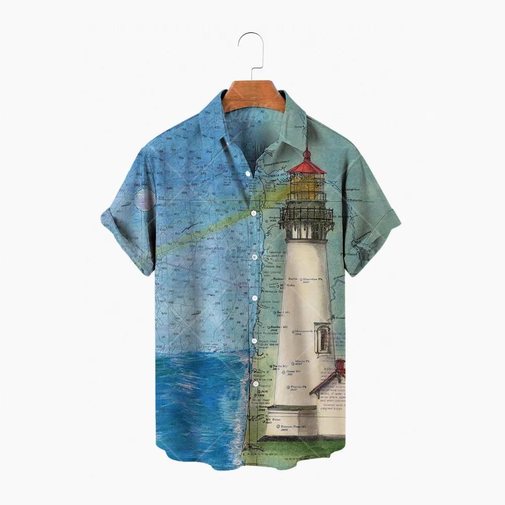 Summer 2022 Map Print Shirts Men's Button-Up Short Sleeves Casual Loose Hawaiian Shirts Beach Vintage Tops