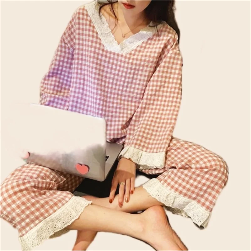 

Lace Pajamas Set Full Sleeve T-shirt Long Pants 2Piece/Set Sexy Plaid Print Pyjama Big Size Mom Homewear Cozy Plus Sleepwear