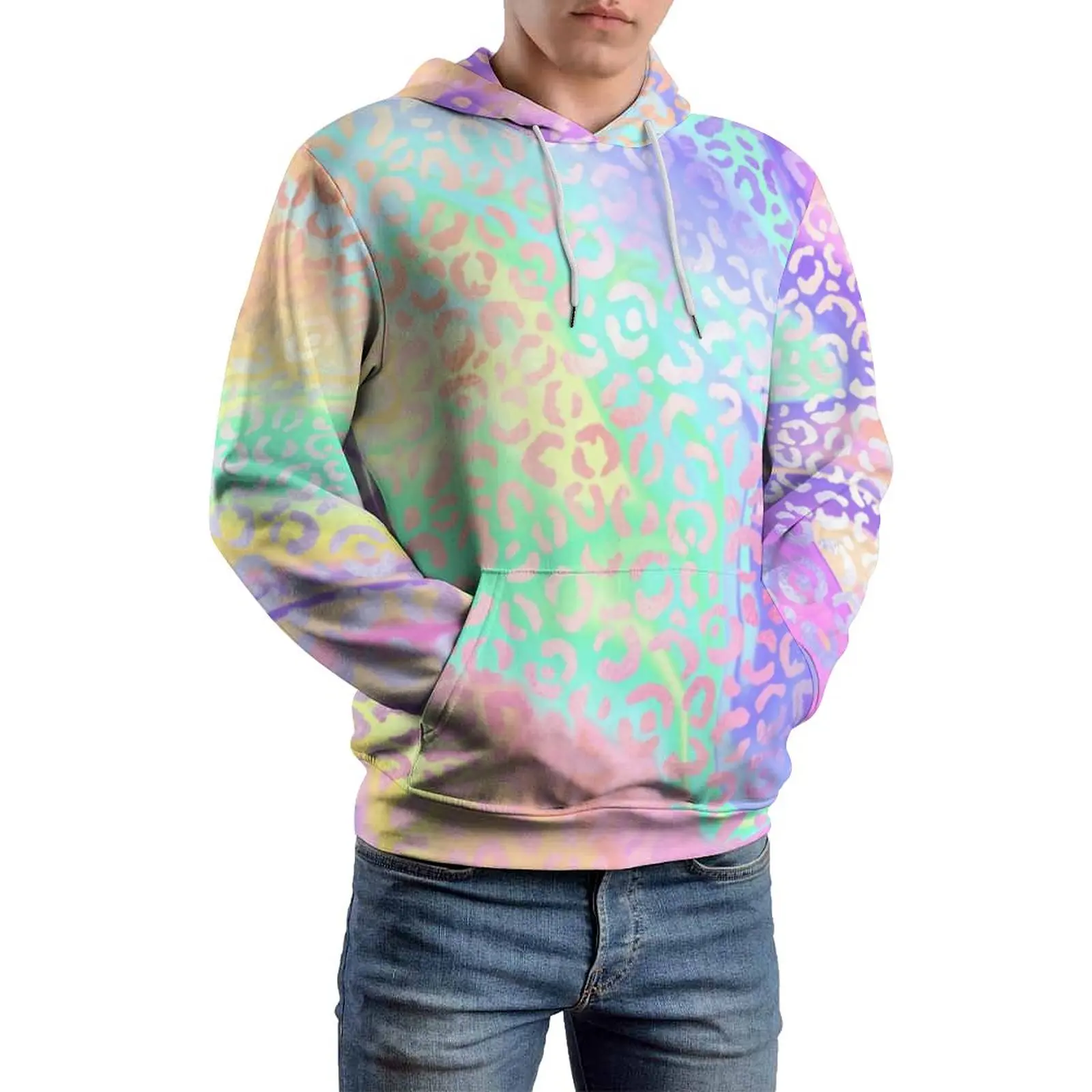 

Colorful Leopard Print Loose Hoodies Abstract Rainbow Classic Pullover Hoodie Men Long-Sleeve Y2k Hooded Sweatshirts Large Size