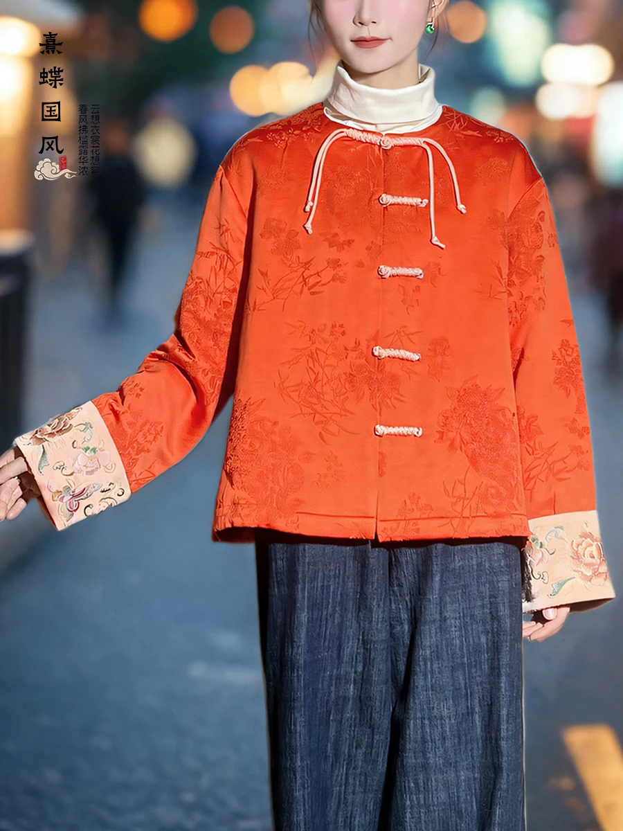 New Chinese Sle Contrast Color Embroidery Elegant All-Match round Neck Placket Handmade Buckle Long sleeve Quilted Cotton-p...