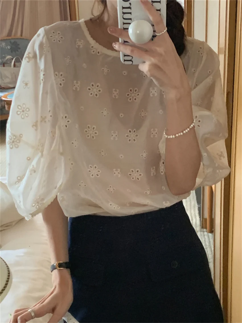 

Alien Kitty Apricot Blouses Women Sexy Sweet Hot Lantern Sleeve Summer Hollow Out New Loose Flowers Slim Casual High Waist Tops