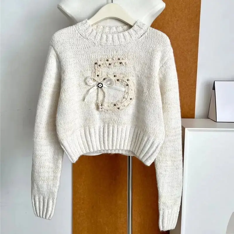 

5 Number Lace Jacquard Wool Sweater Women Camellia Bead Pearl Bow Knit Pullover Women O-Neck Cashmere Winter Autumn Jumper H620