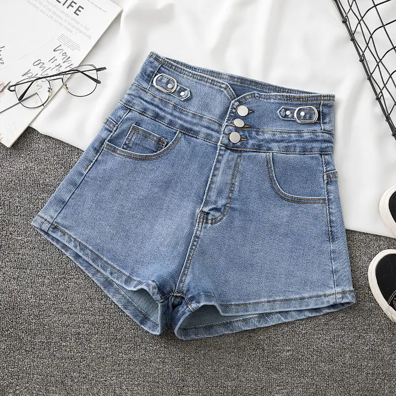 

Женские джинсовые шорты с завышенной талией, свободные однотонные шорты трапециевидной формы с широкими штанинами, S95, лето 2022