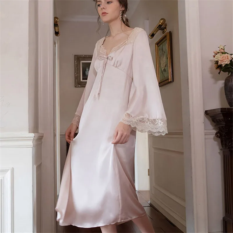 CAIYIER V-Neck Sexy Silk Nightdress Women Sweet Lace Sleepdress Retro Palace Long Sleeve Sleepshirts Fashion Party Nightgowns