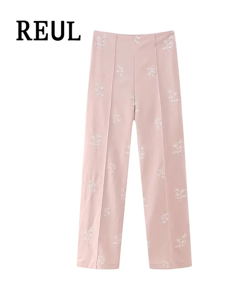 

REUL Fashion Front Darts Flower Embroidered Pink Long Pants For Women Vintage High Waist Side Zipper Female Trousers Mujer TRAF