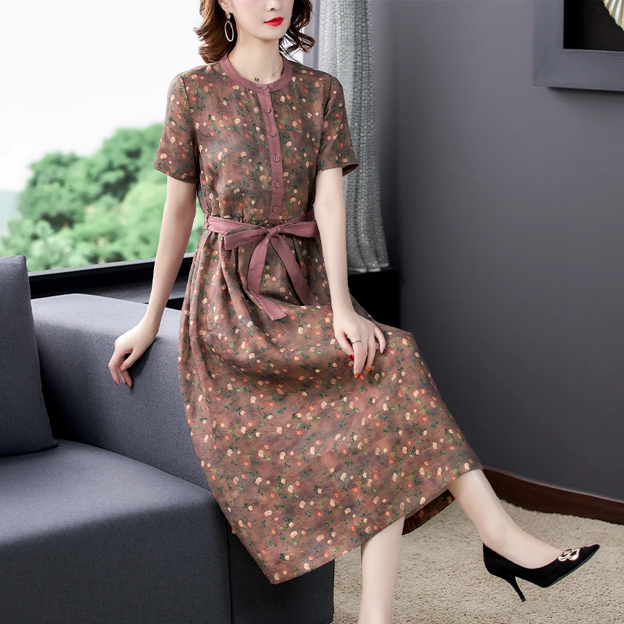 

Summer Floral Cotton and Linen Short Sleeve Midi Dress Women Korean Vintage Casual Dress 2022 New Elegant Bodycon Party Vestidos