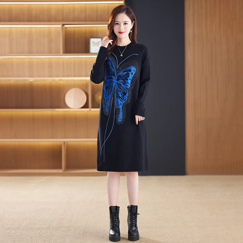 

Butterfly Diamonds Knitting Dress Women 2023 New Autumn Winter Fashion O-Neck Pullover Print Office Lady Long Sweater Dresses