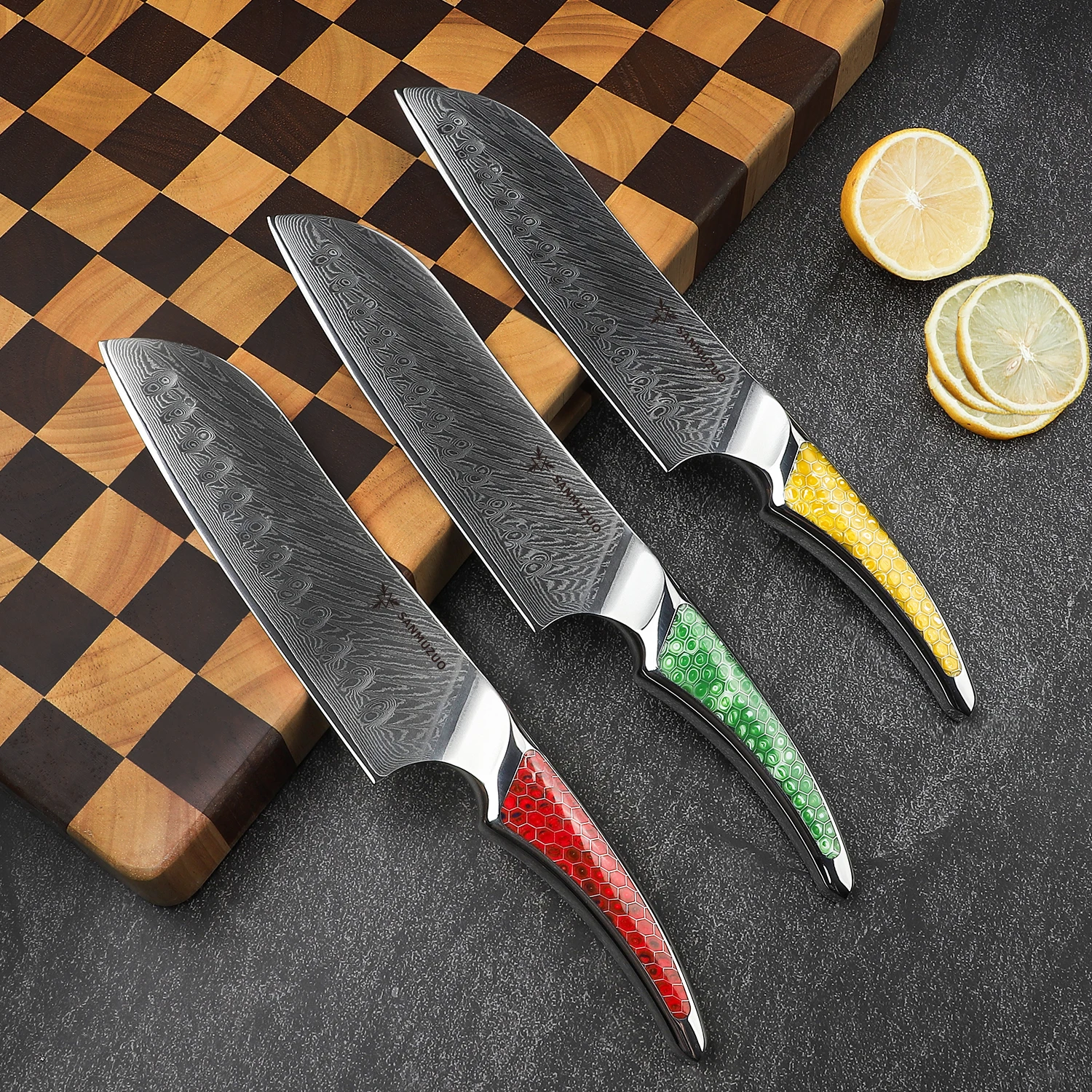 SANMUZUO 7-дюймовый нож сантоку японский шеф-нож из дамасской стали ручка смолы