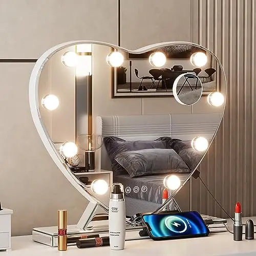 

Mirror with Lights, Lighted Makeup Vanity Mirror for Makeup Desk 15 Dimmable LED Bulbs with 10X Magnification 3 Color Modes Tabl