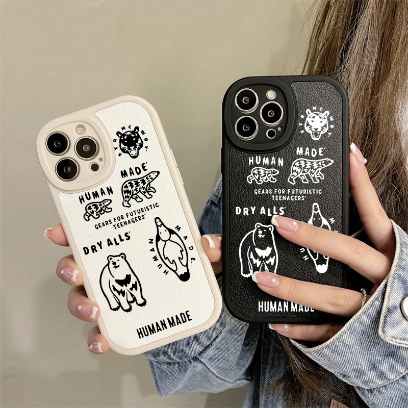 

Cartoon Street Trend Culture Brand HUMAN MADE NIGO Leather Phone Case For iPhone 11 14 13mini 12Pro XSMax XR SE2022 8Plus Cover