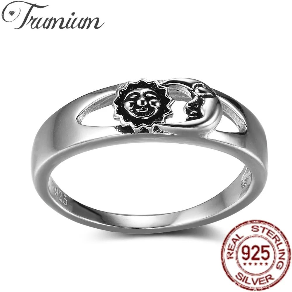 

Trumium 925 Sterling Silver Women Sun Moon Universe Smile Faces Ring Vintage Dainty Trinity Knot Band Party Ring Free Engraving