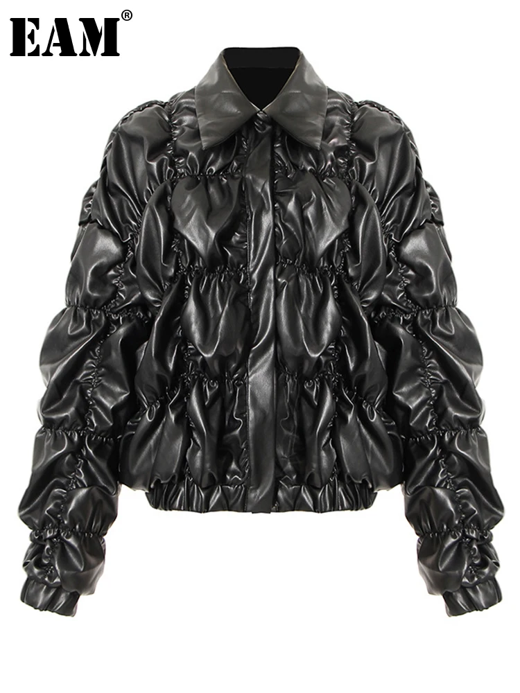 

[EAM] Loose Fit Pu Leather Wrinkled Big Size Jacket New Lapel Long Sleeve Women Coat Fashion Tide Autumn Winter 2023 1DD3602