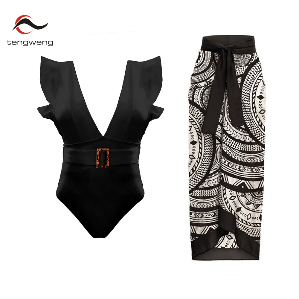 

Соблазнительный купальник Tengweng с V-образным вырезом, слитный купальник с оборками, юбка, комплекты микро бикини пуш-ап, однотонный черный монокини, купальный костюм