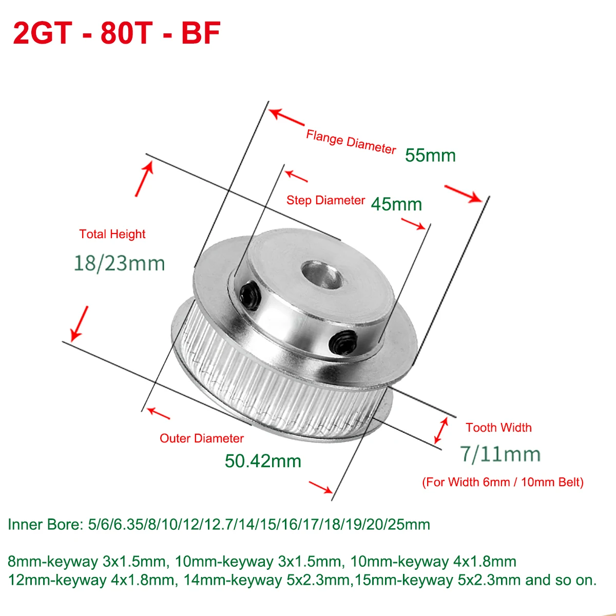 

2GT 80 Teeth Timing Pulley Bore 5/6/6.35/8/10/12/12.7/14/15/16mm BF keyway Synchronous Wheel For Width 6/10mm GT2 Timing Belt