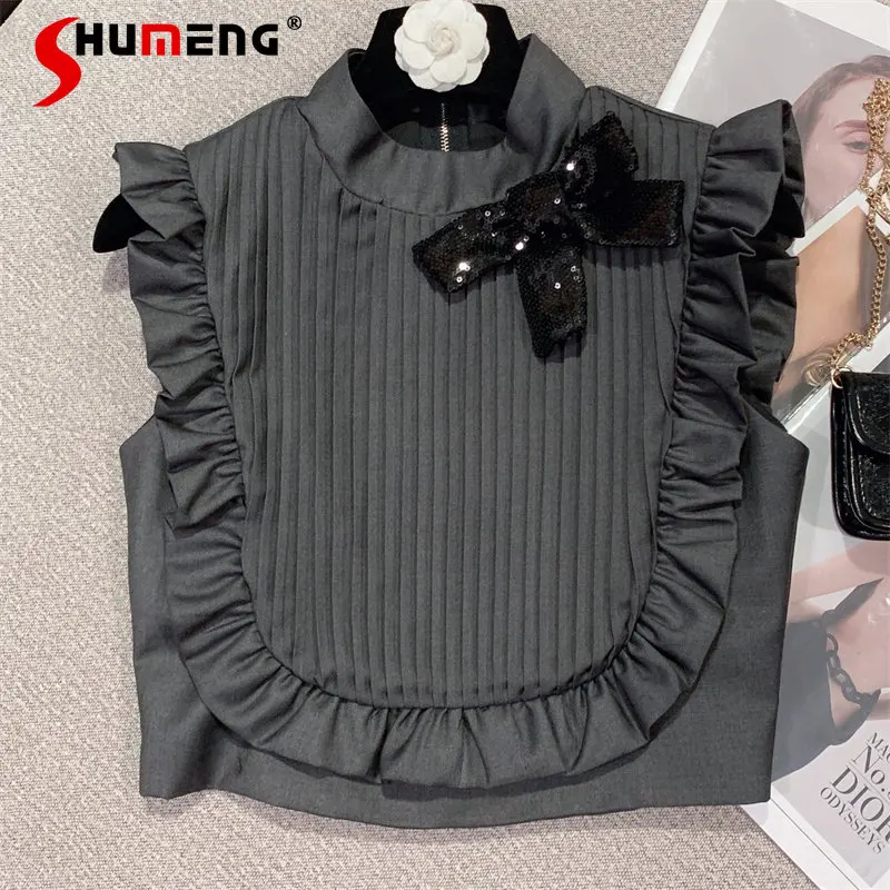 

2023 Spring and Summer New Sweet Lady Bow Top Short Blouse Stand Collar Lunch Break Solid Color Pleated Shirt for Women