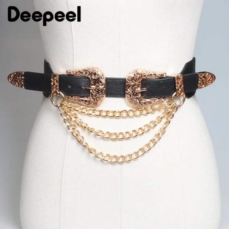 1pc 4*68cm Women Elastic Double Buckle Belts Cummerbunds Chain Ladies Waistband with Dress Fashion Decoration Punk Belt Corset - купить по