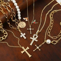 vintage pearl cross pendant necklace choker long link chain necklace for women girl gift bohemia multilayer fashion neck jewelry