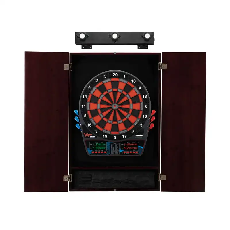 

Dartboard, Metropolitan Mahogany Cabinet & Shadow Buster Dartboard Light Bundle Bow fishing arrows Leather quiver Sling Archery