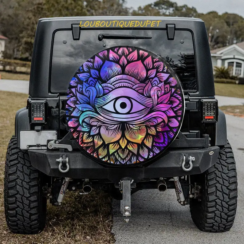 

Premium Purple Eyes Car Tire Cover For All Car Day And Night Protector Boho Car Accessories + Backup Camera Hole