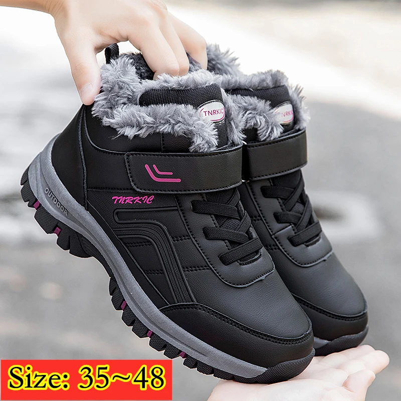 

2022 Winter Women Men Boots Plush Leather Waterproof Sneakers Climbing Hunting Shoes Unisex Lace-up Outdoor Warm Hiking Boot Man