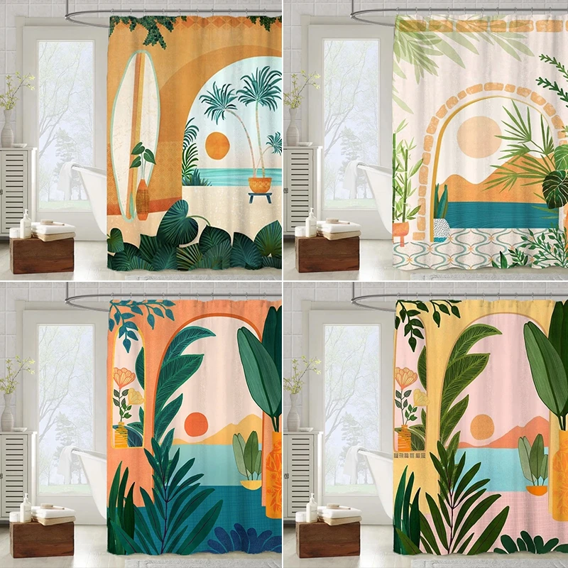 

Green Foliage Plants Shower Curtain Nordic Abstract Art Bath Curtain Boho Fabric Shower Curtains Morandi Color Bathroom Decor