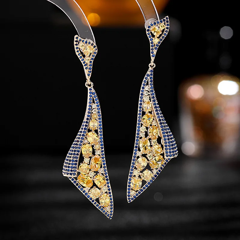 

Серьги-подвески женские симметричной формы, висячие ювелирные украшения в виде кисточек и капель воды с желтым кубическим цирконием, для ве...