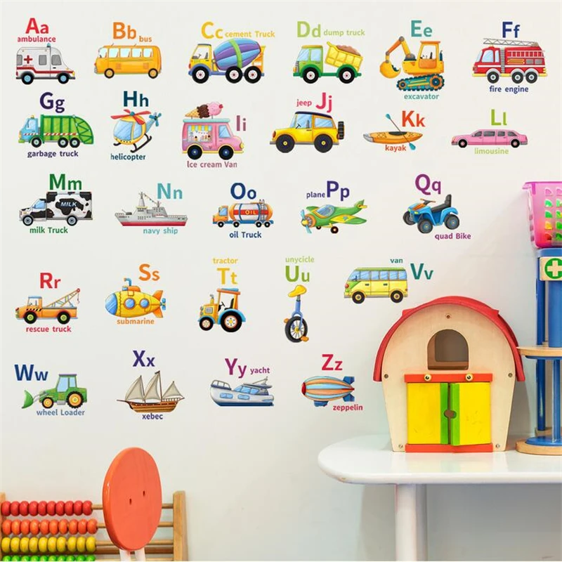 Наклейка на стену в виде мультяшного автомобиля с английскими буквами для детской комнаты, настенное украшение для детского сада, наклейки для раннего развития