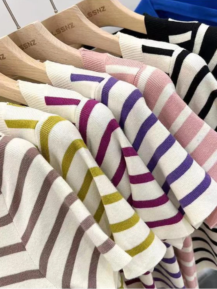 AOSSVIAO Женская полосатая футболка из хлопка Slim Fit