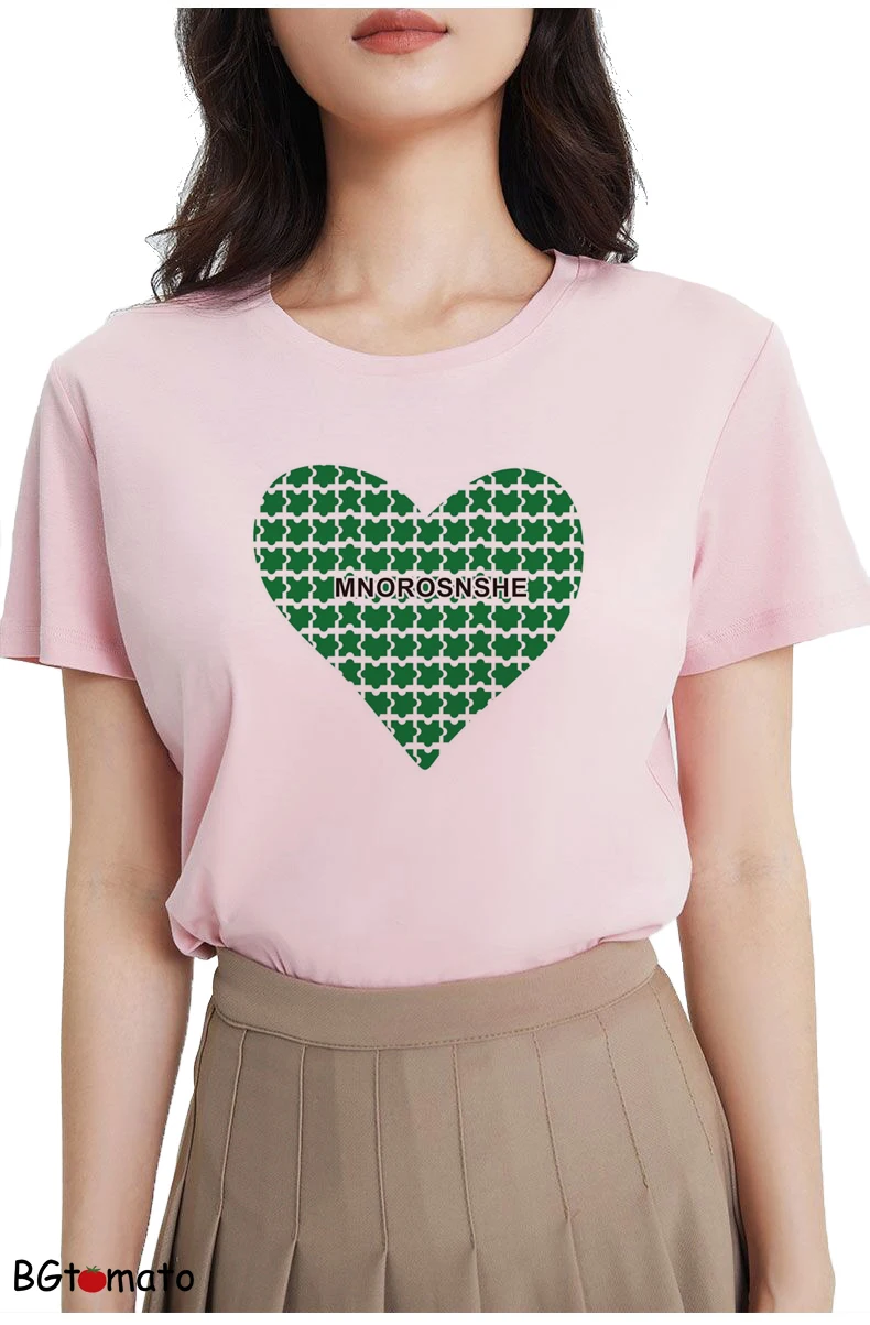 Зеленая футболка с принтом сердца Женские Новые Стильные красивые летние
