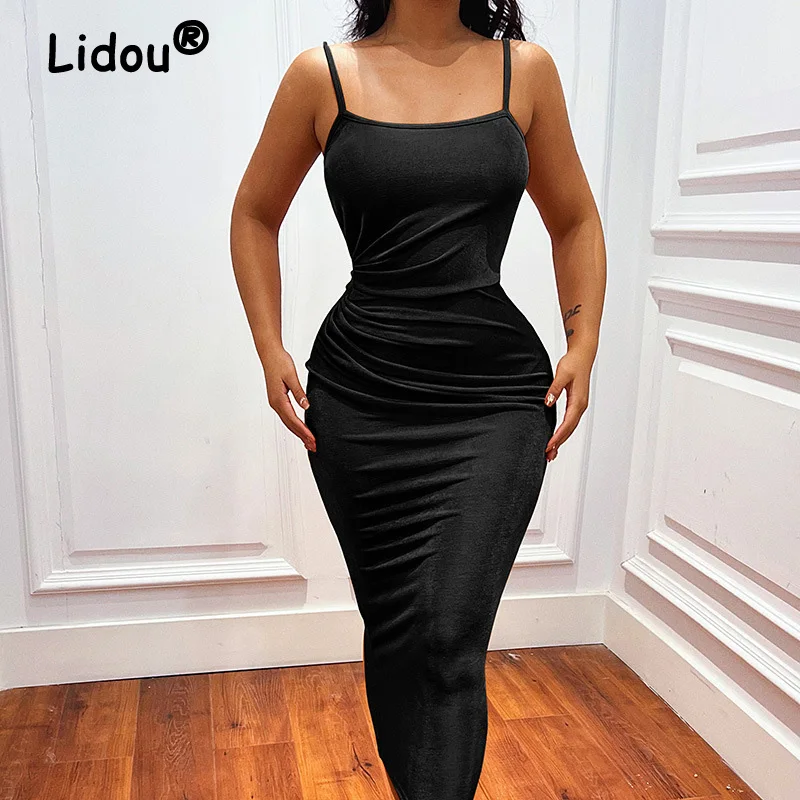 Summer Elegant Fashion Square Collar Solid Color Slip Dress Evening Party Sexy Tight Buttocks Folds Maxi Dress Off Shoulder Robe