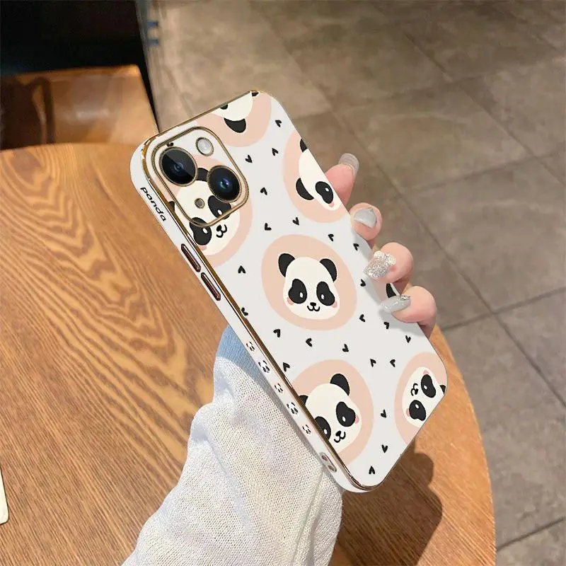 Love Panda Luxury Plating Phone Case For iPhone 14 13 12 11 Plus Pro Max Mini X XR XS SE2020 8 7 6 6S Plus Cover