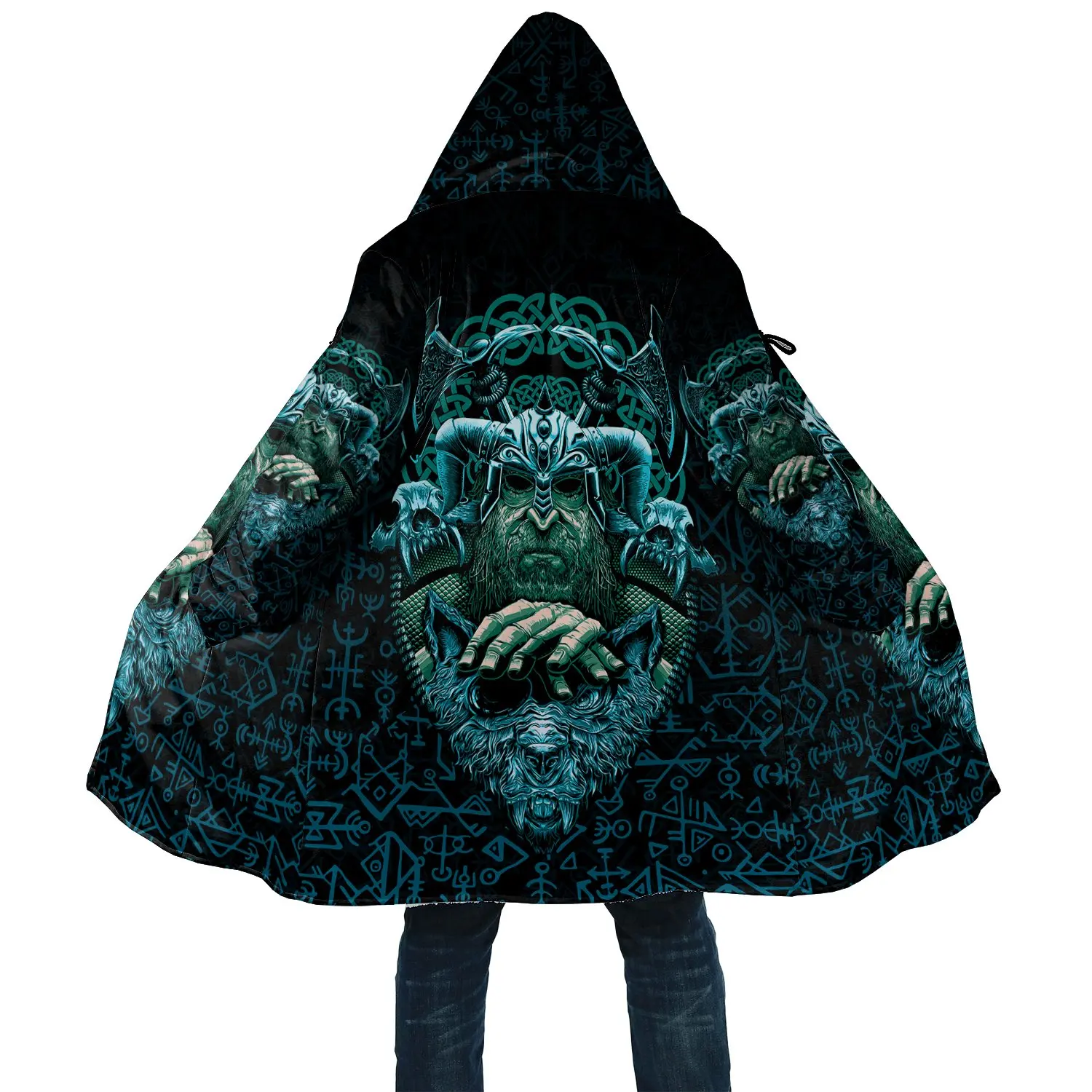 

Winter Mens Viking Style Cloak Odin With Fenrir Valknut Tattoo 3D Print Fleece Hooded cloak Unisex Casual Thick Warm cloak coat